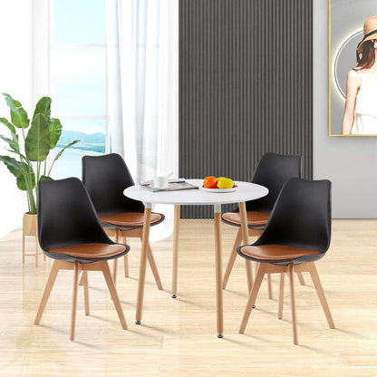 Esszimmergruppe: Rundtisch mit 4 Stühlen – Weiß & Schwarz/Braun