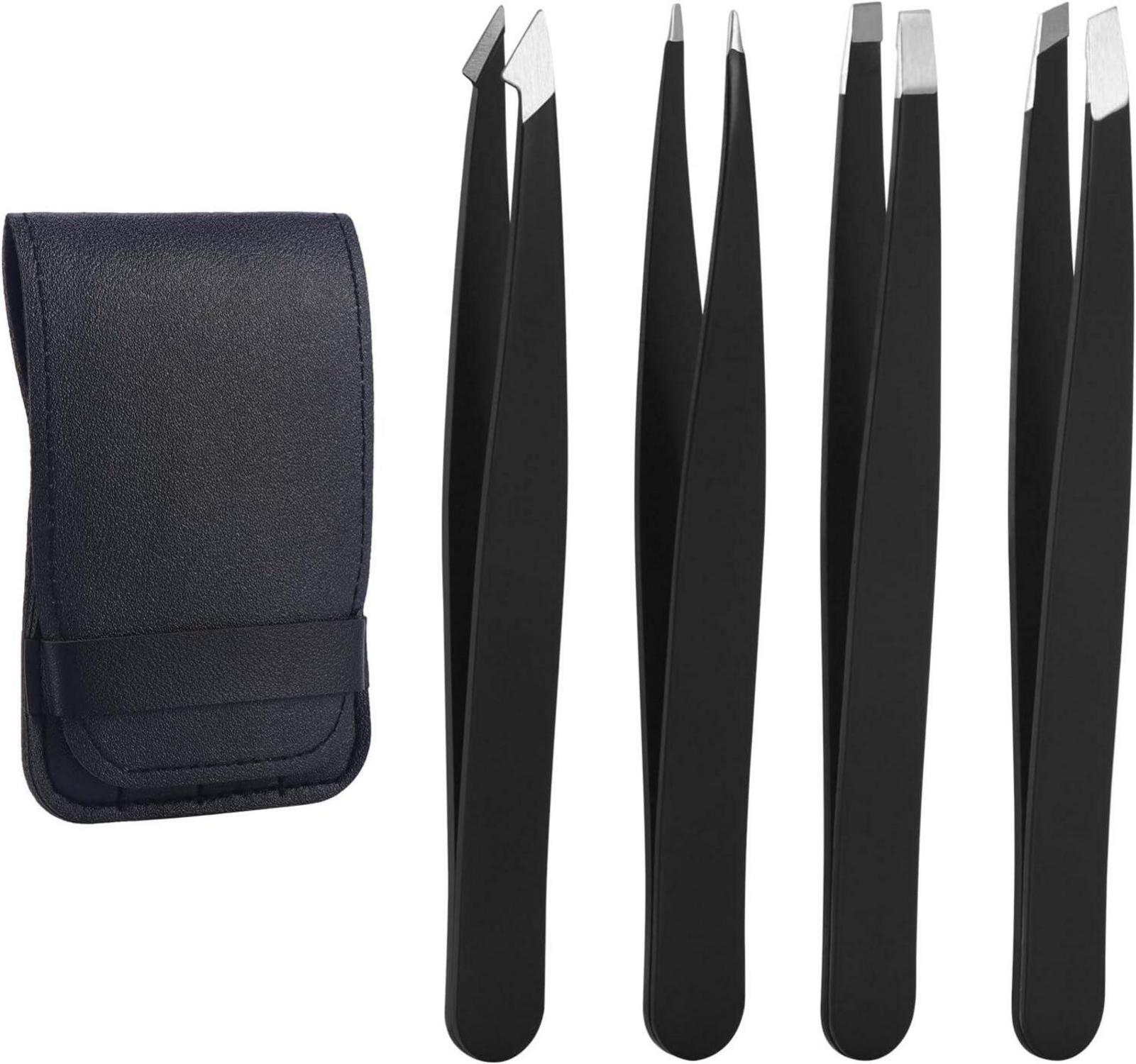 Professionelles 4-teiliges Edelstahl Pinzetten Set mit Lederetui