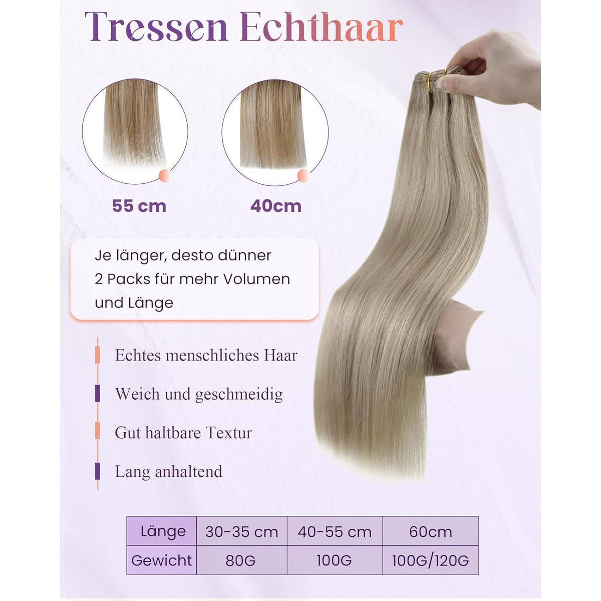 Echthaar Tressen zum Einnähen Blond Highlight Mittelblond