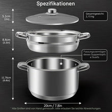 Edelstahl-Suppentopf-Set mit Dampfgarer & Glasdeckel 4L