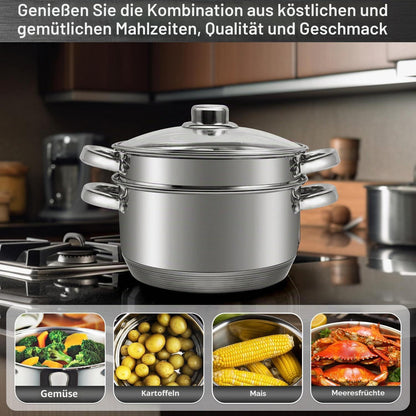 Edelstahl-Suppentopf-Set mit Dampfgarer & Glasdeckel 4L