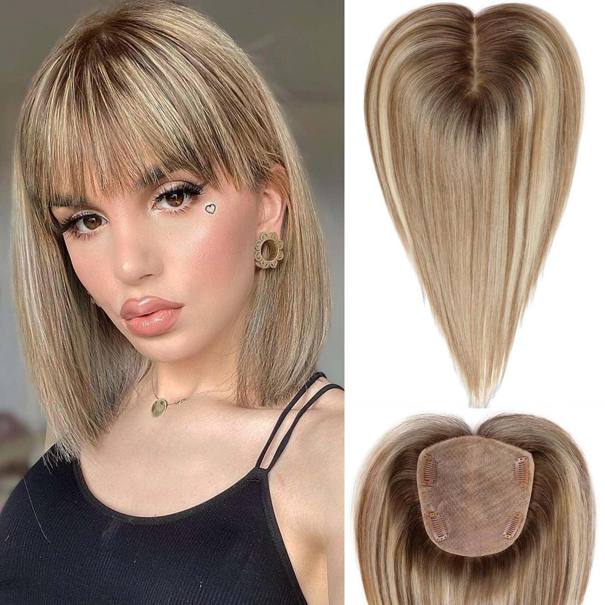 Echthaar Haarteil mit Pony, Hellbraun mit Blond, 12 Zoll