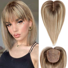Echthaar Haarteil mit Pony, Hellbraun mit Blond, 12 Zoll