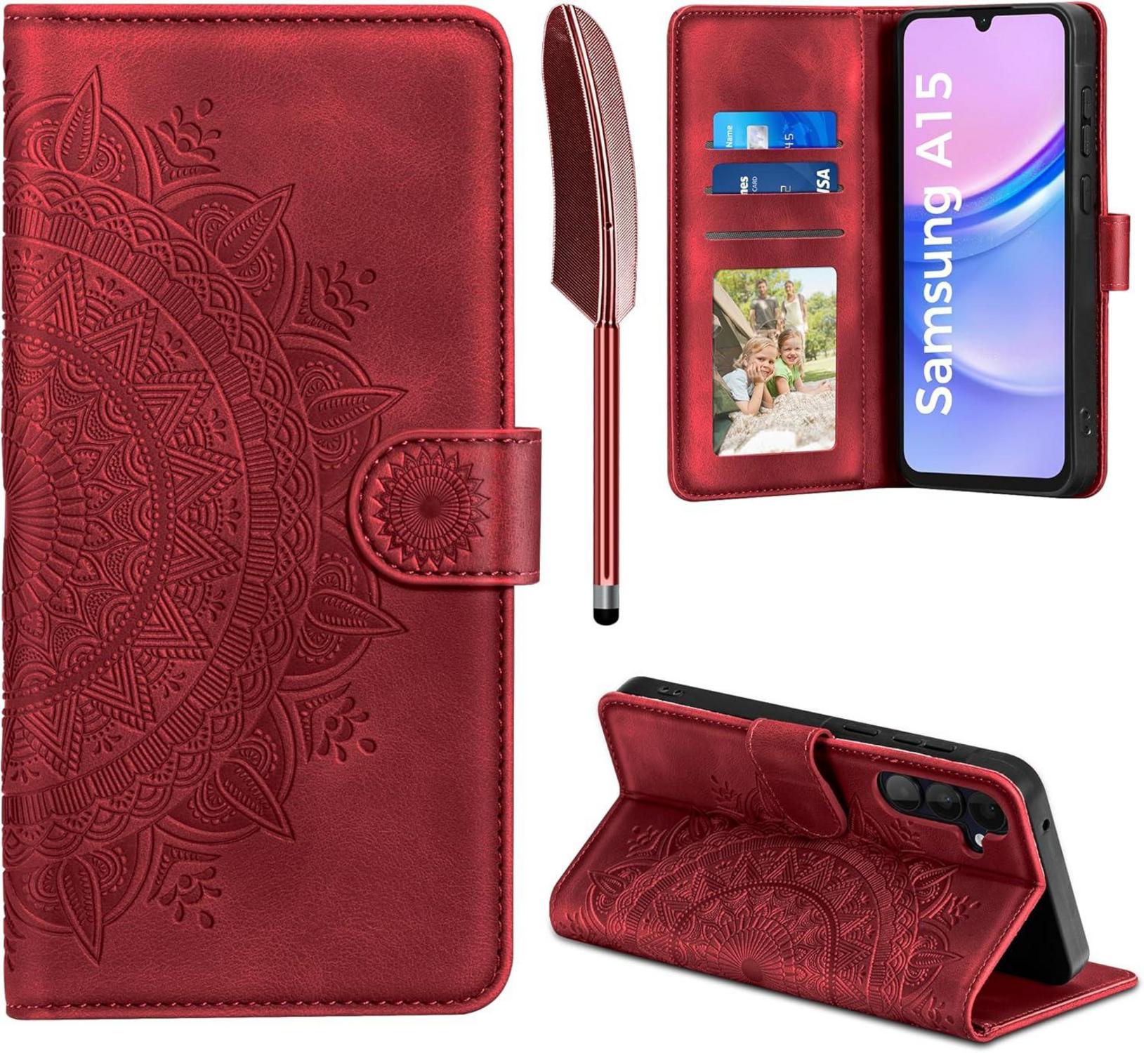 Samsung Galaxy A15 5G/4G Hülle Echtleder Wallet Case Rot