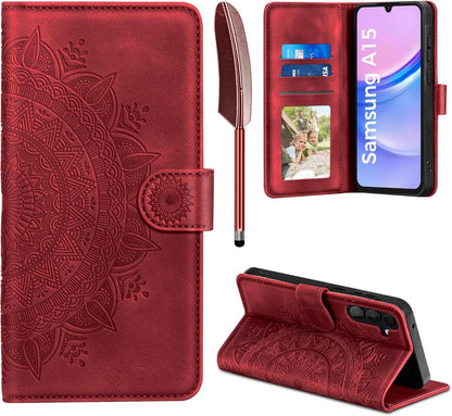 Samsung Galaxy A15 5G/4G Hülle Echtleder Wallet Case Rot