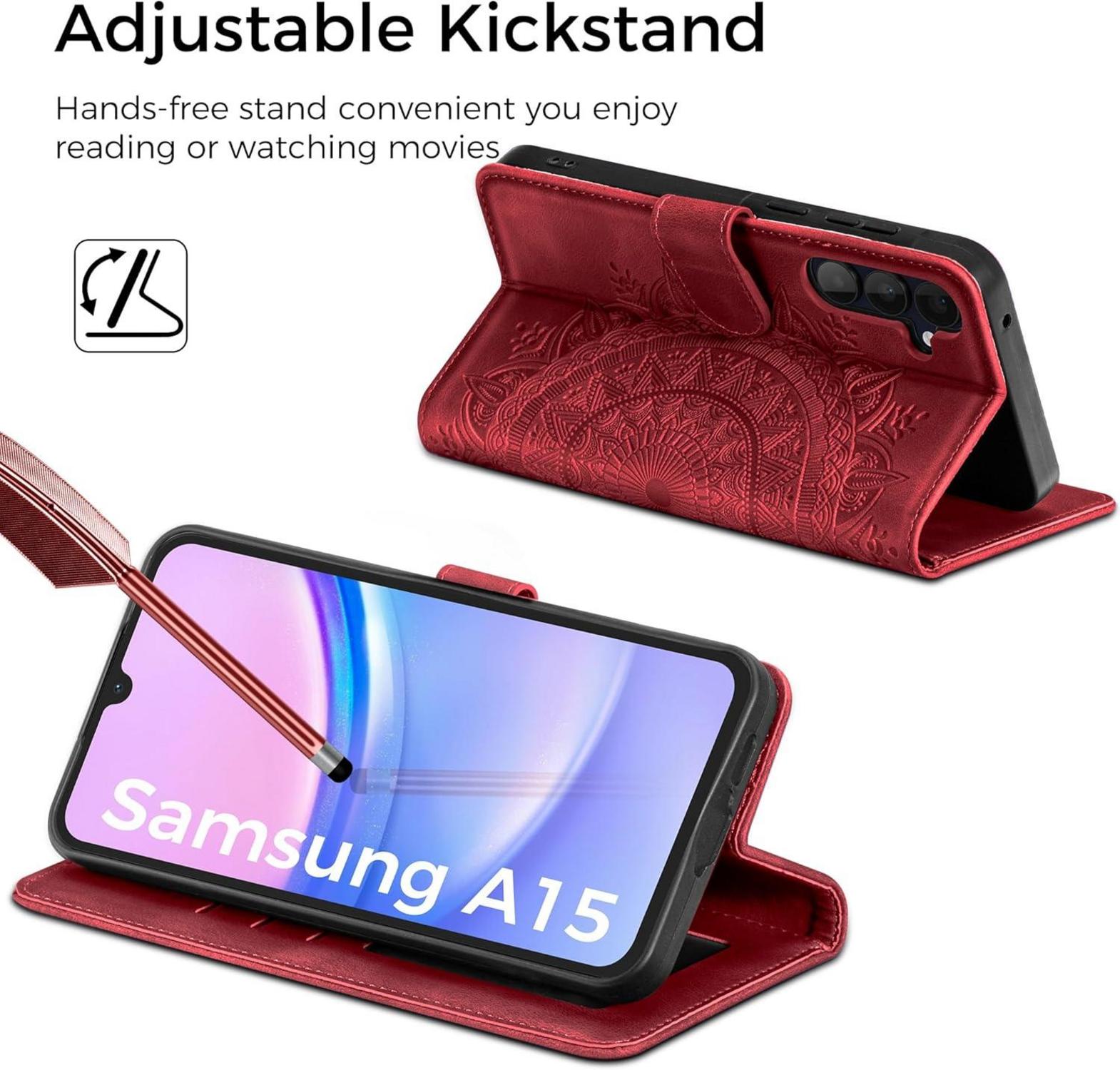 Samsung Galaxy A15 5G/4G Hülle Echtleder Wallet Case Rot