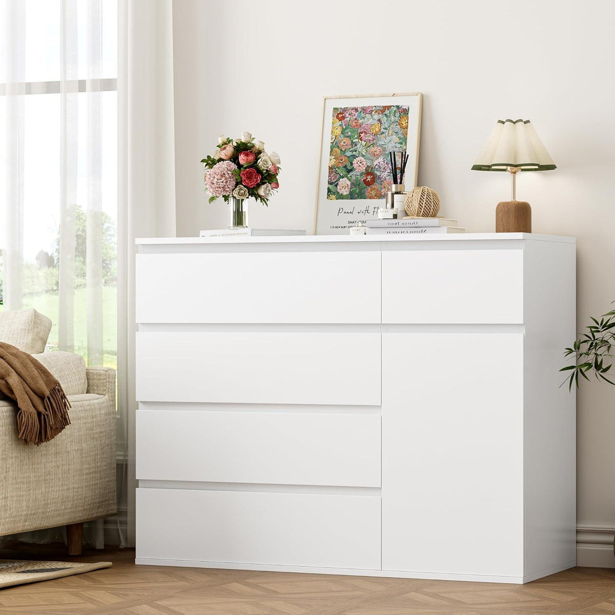 Weiße Kommode mit 5 Schubladen & Tür – 100cm Sideboard