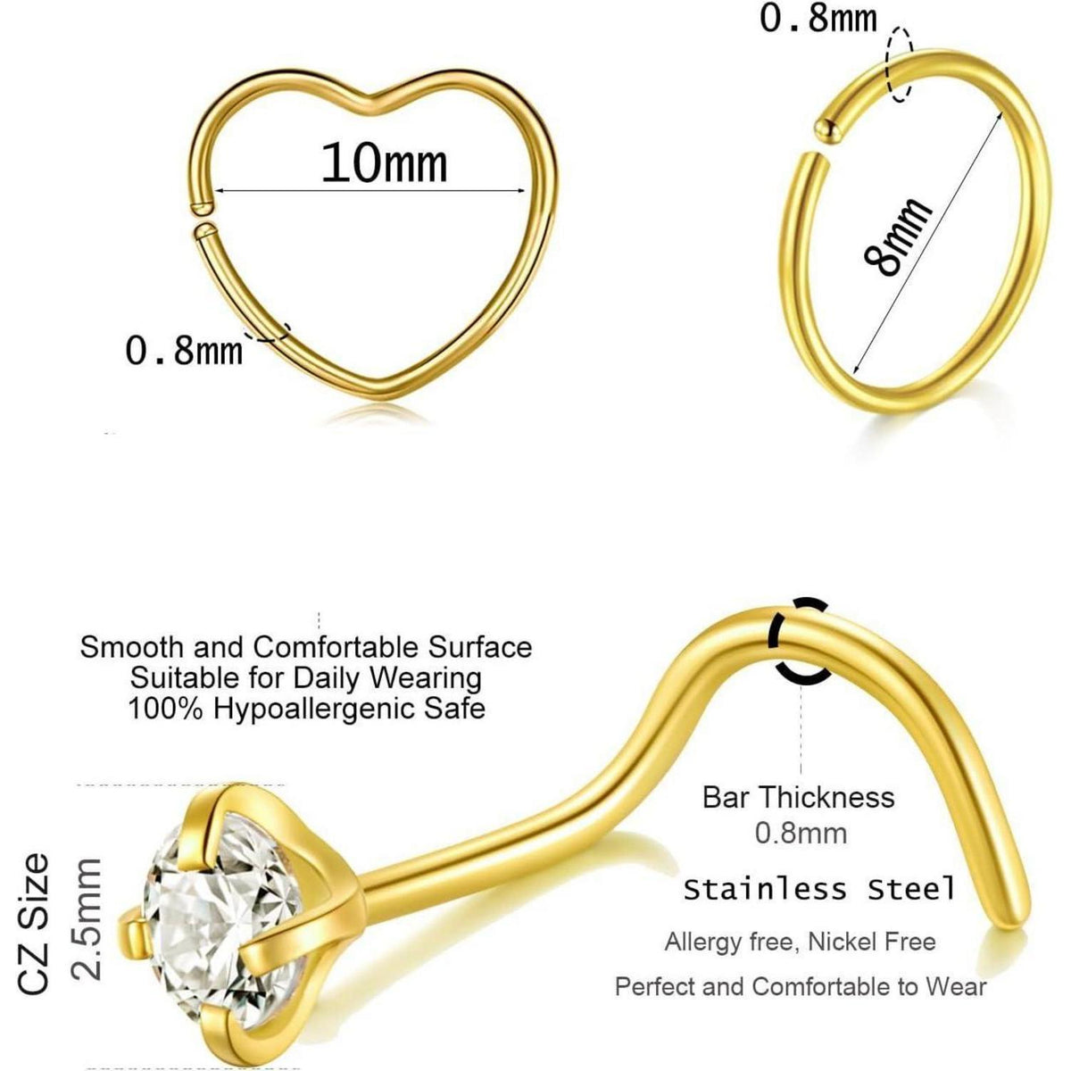 Nasenstecker Chirurgenstahl 15er Set mit Ringen & Schrauben