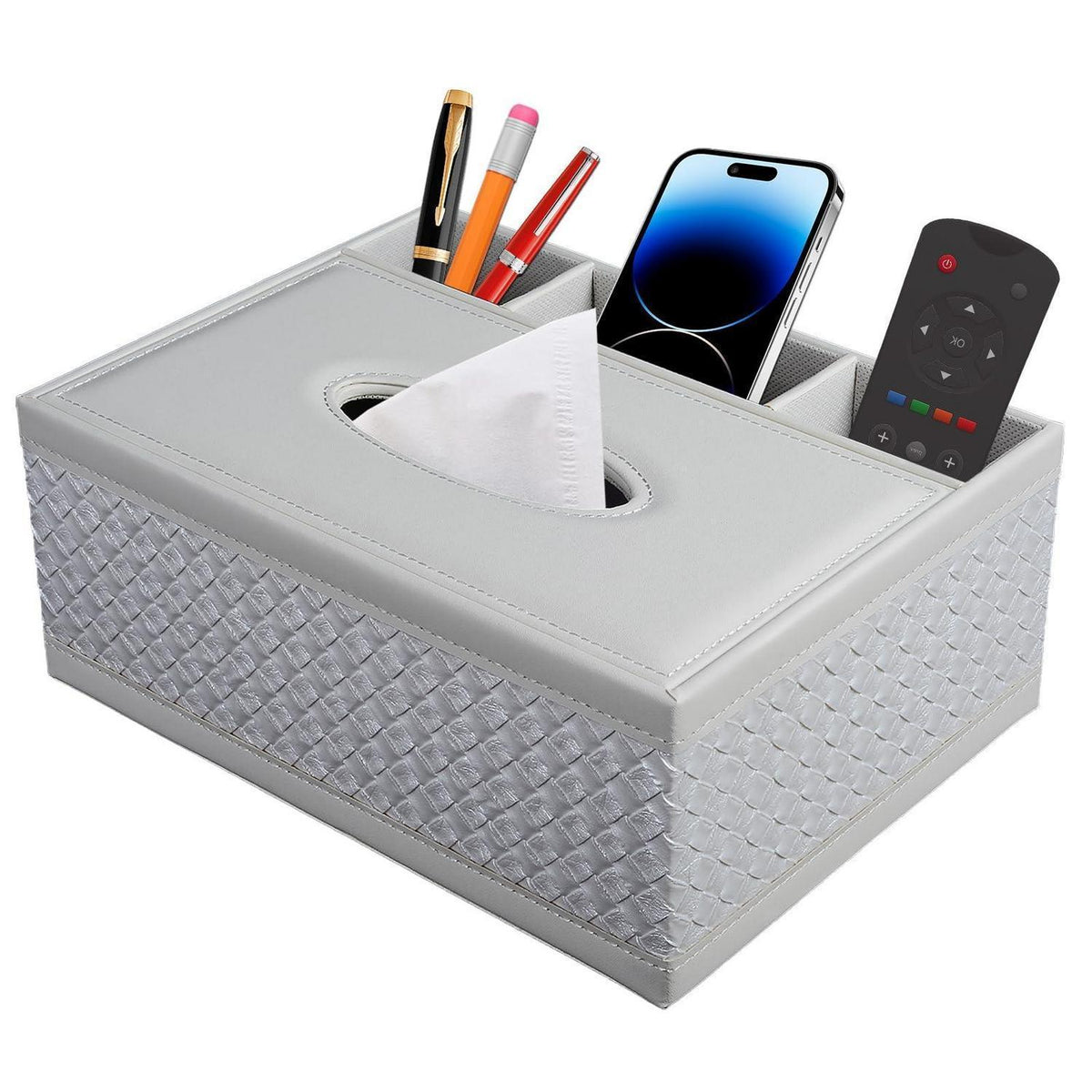 Taschentücherbox mit Organizer & Fernbedienungshalter in Lederoptik