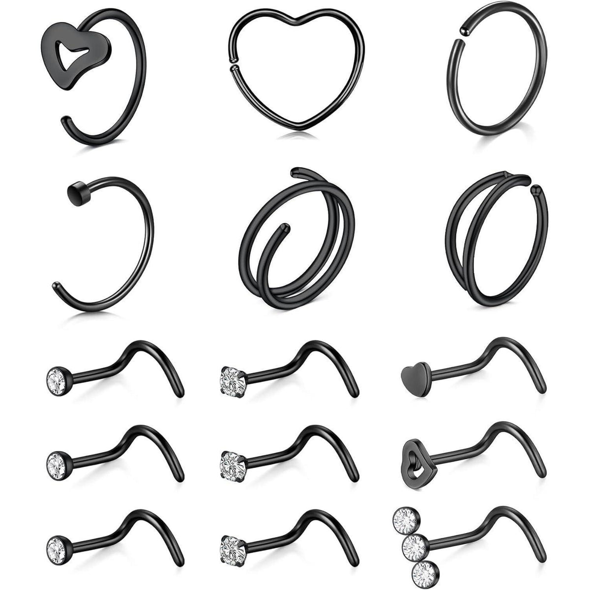 Nasenstecker Chirurgenstahl 15 Stück Schwarz | Damen Nasenpiercing Schraube Ring