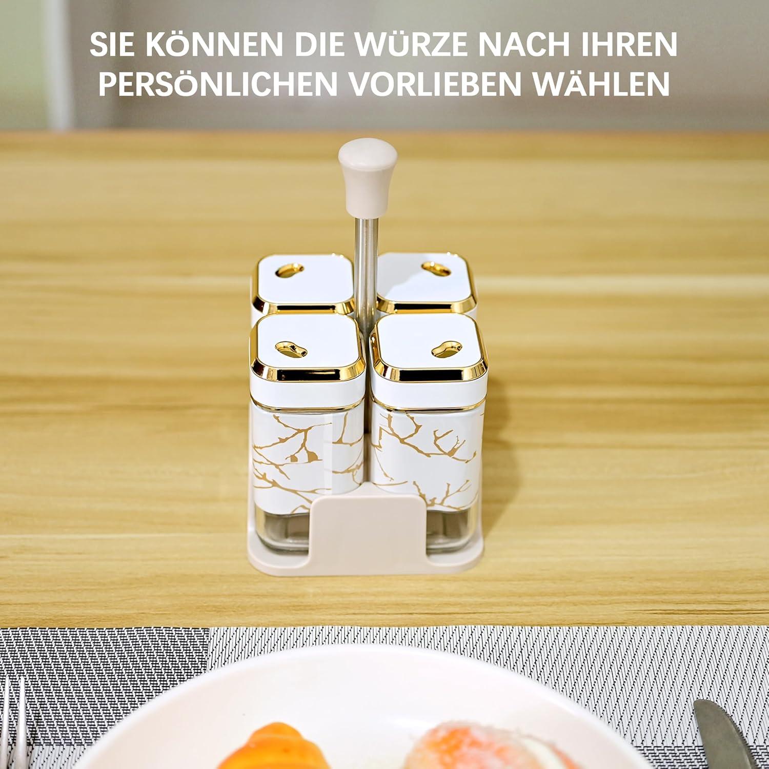 4-teiliges Gewürzgläser Set 360° drehbarer Deckel Trichter