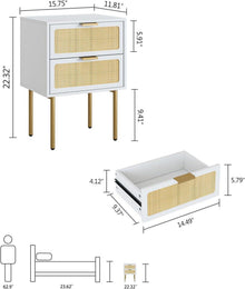 Rattan Nachttisch mit 2 Schubladen, Weiß, Bauernhaus-Stil
