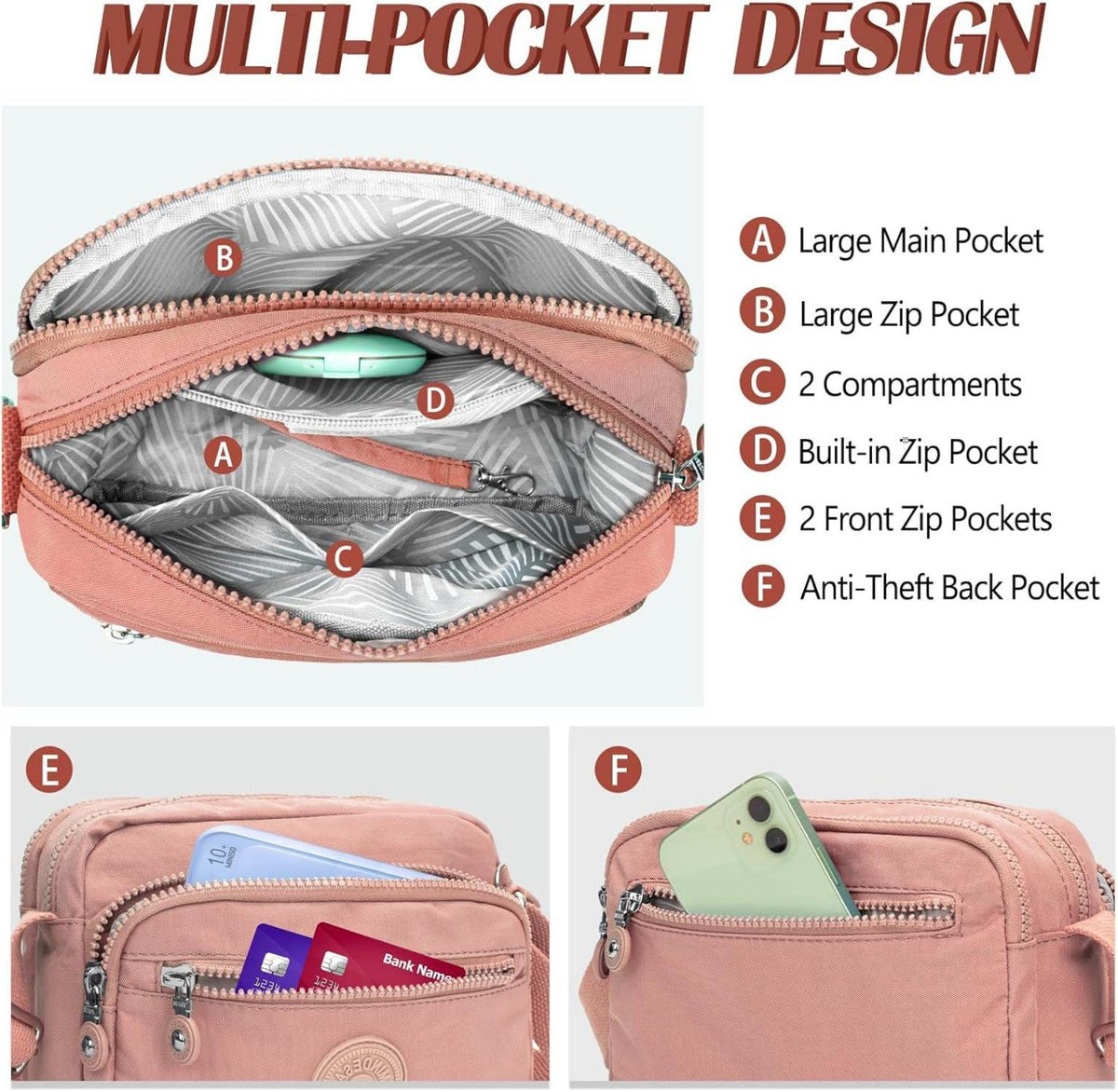 TEUEN Damen Schultertasche Nylon Umhängetasche Rosa