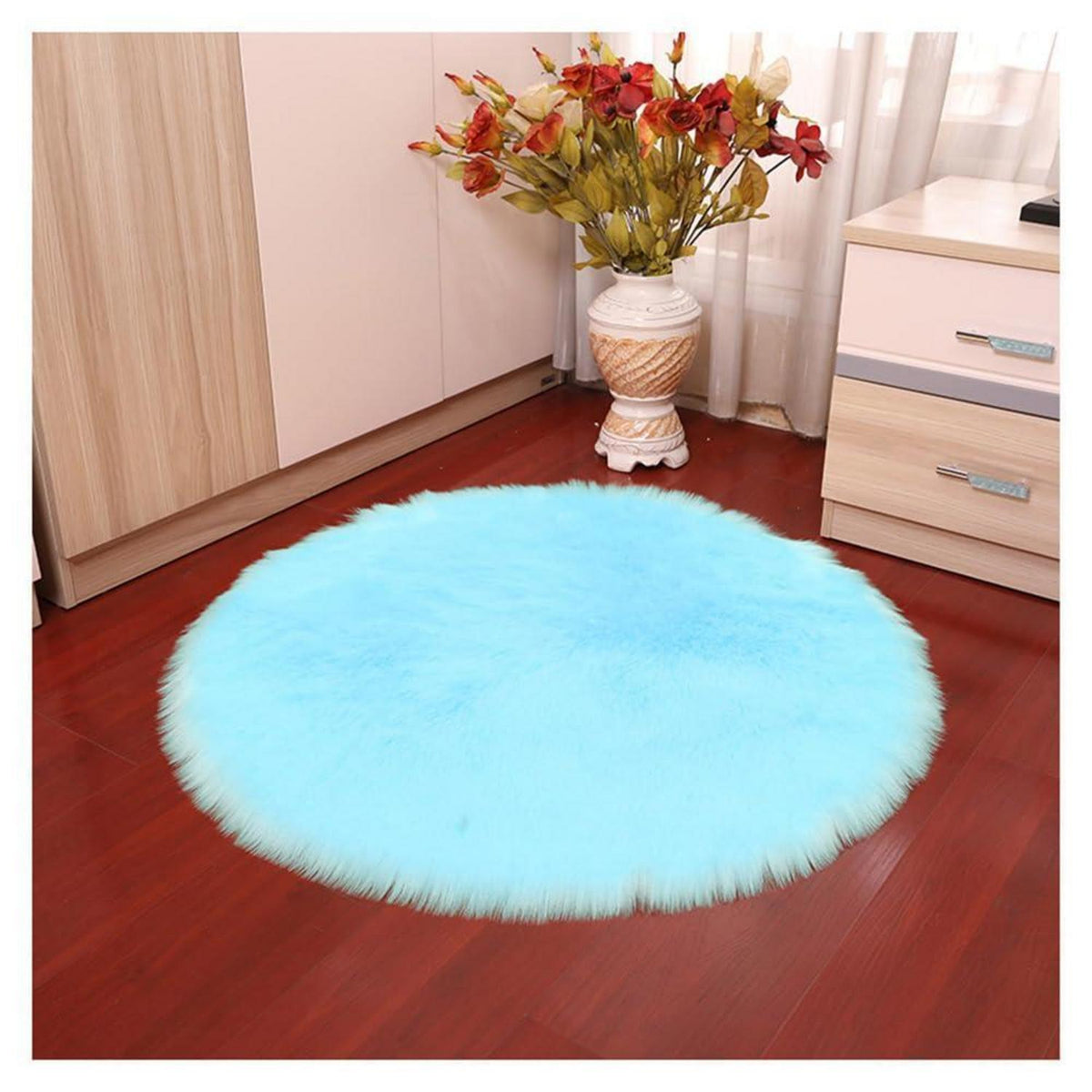 Runder Schaffellteppich Himmelblau – Flauschig & Weich 110cm