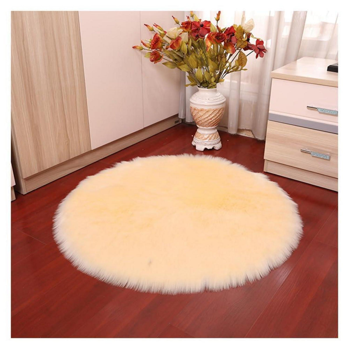 Runder Schaffellteppich Flauschig Beige 110cm Kunstfell Teppich
