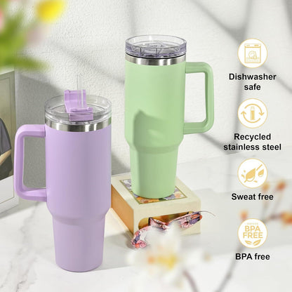 Thermobecher mit Strohhalm und Henkel 1,2L Vakuumisoliert Kaffeebecher 12 Std Heiß 34 Std Kalt Beige