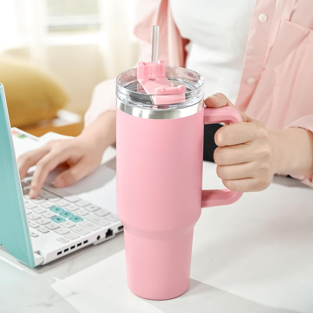 Thermobecher mit Strohhalm 1,2L Vakuumisoliert Trinkbecher Beige