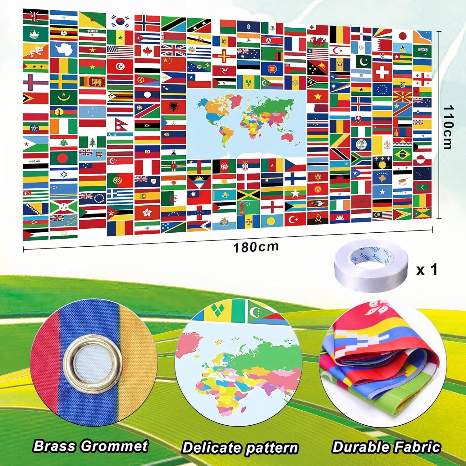 AFYHH 2024 Flaggen Banner 100 Länderflagge Weltkarte 180 x