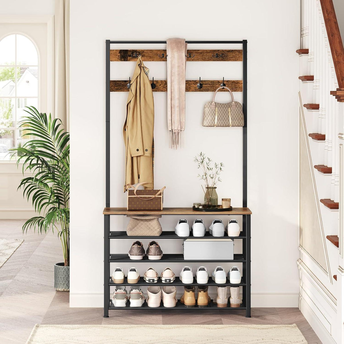 Garderobenständer mit Schuhregal, 5 Ebenen, Vintagebraun/Schwarz