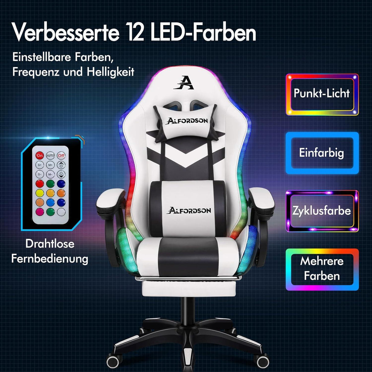 ALFORDSON Gaming-Stuhl LED RGB Massage Lordosenstütze Fußstütze