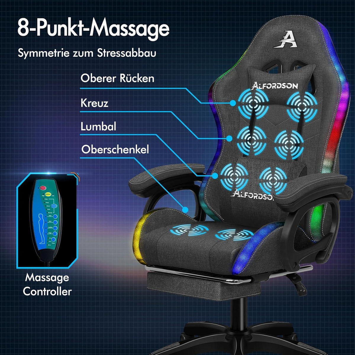ALFORDSON Gaming-Stuhl mit RGB-Beleuchtung, Massage, Lordosenstütze, Fußstütze, Stoff, Grau - Marc Serie