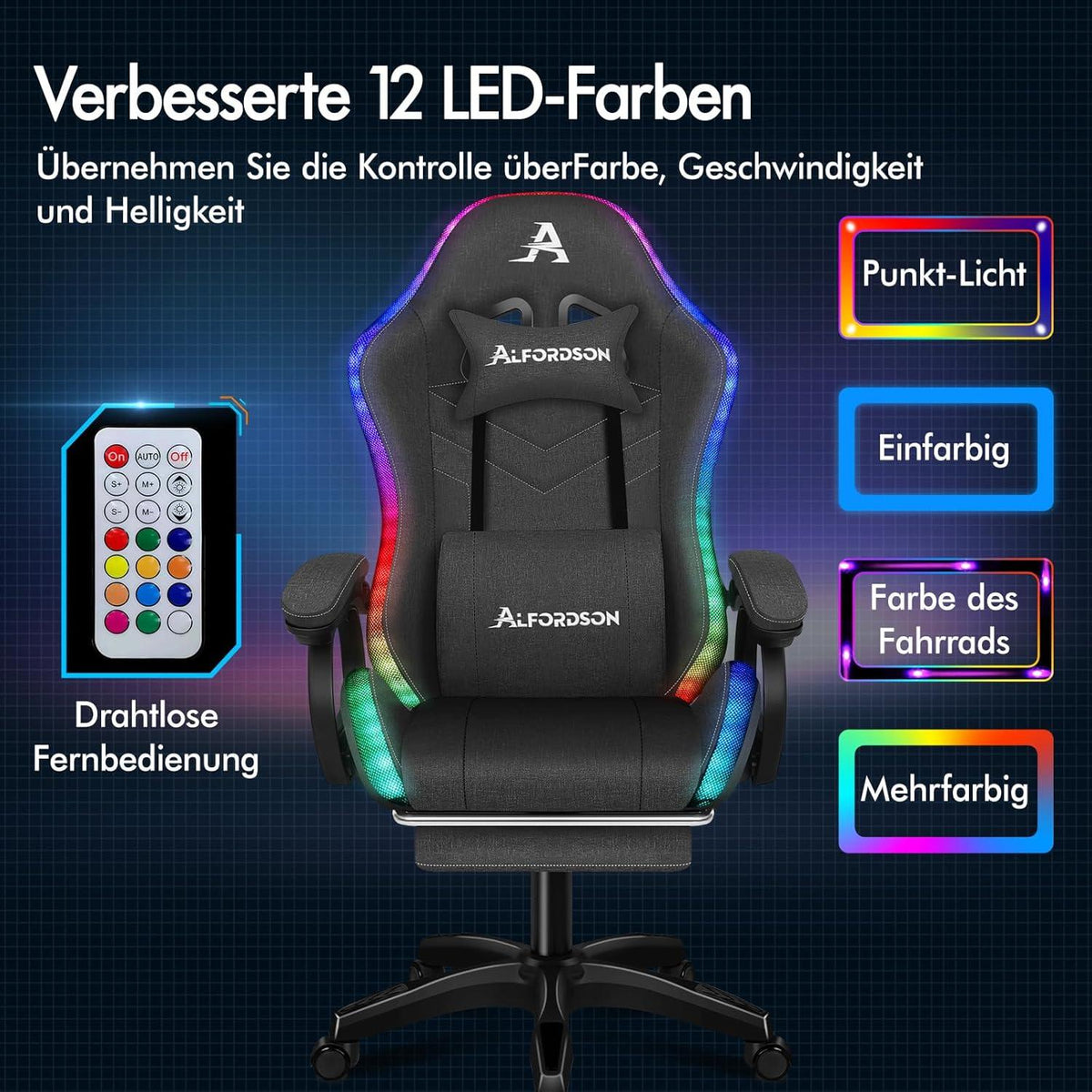 ALFORDSON Gaming-Stuhl LED RGB Massage Lordosenstütze Fußstütze Grau