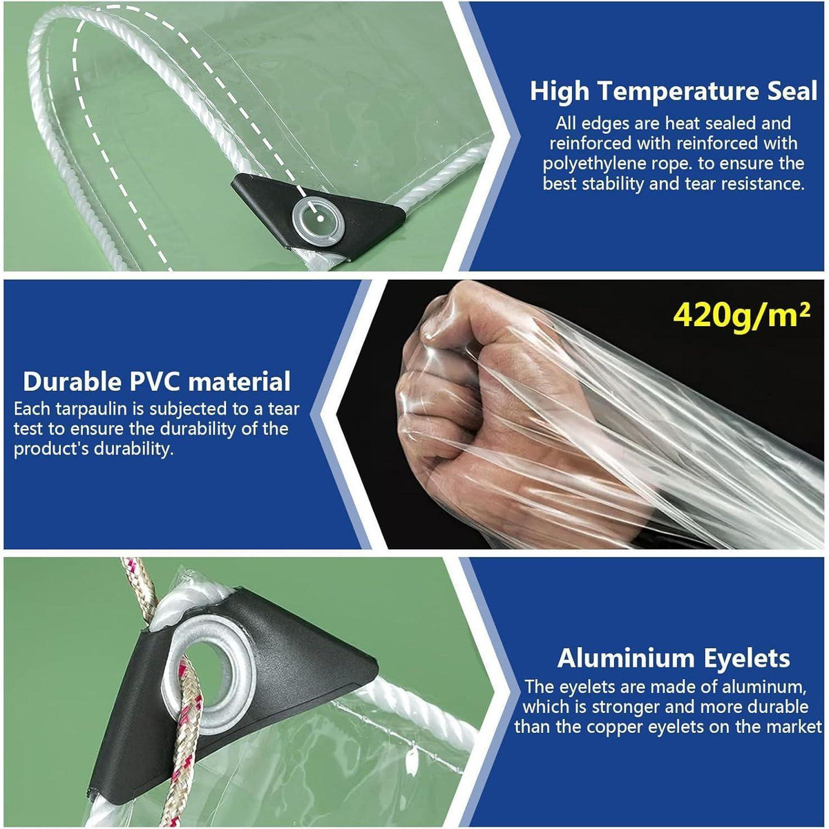 Transparente PVC Plane 3x5m mit Ösen, 420g/m² Wasserdicht
