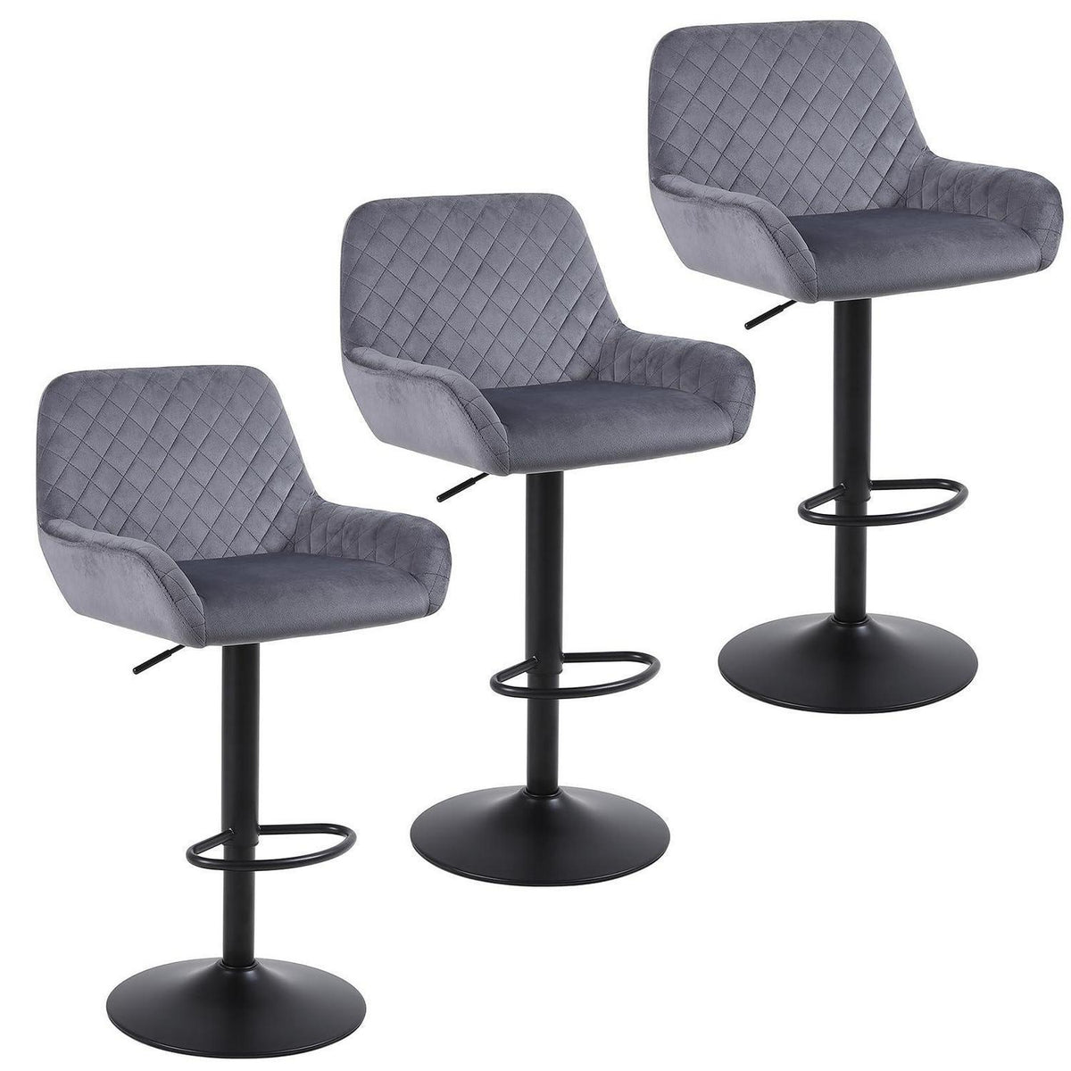 ralex Barhocker Set 3er – Höhenverstellbar, Grau, Samtstoff
