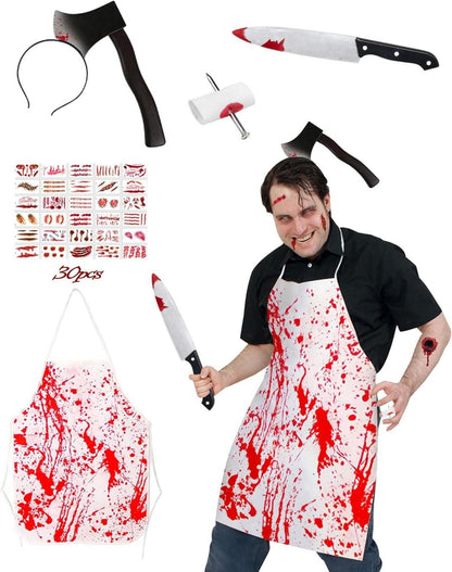Halloween Metzger Kostüm 5-teilig Blutige Accessoires Narben Tattoo