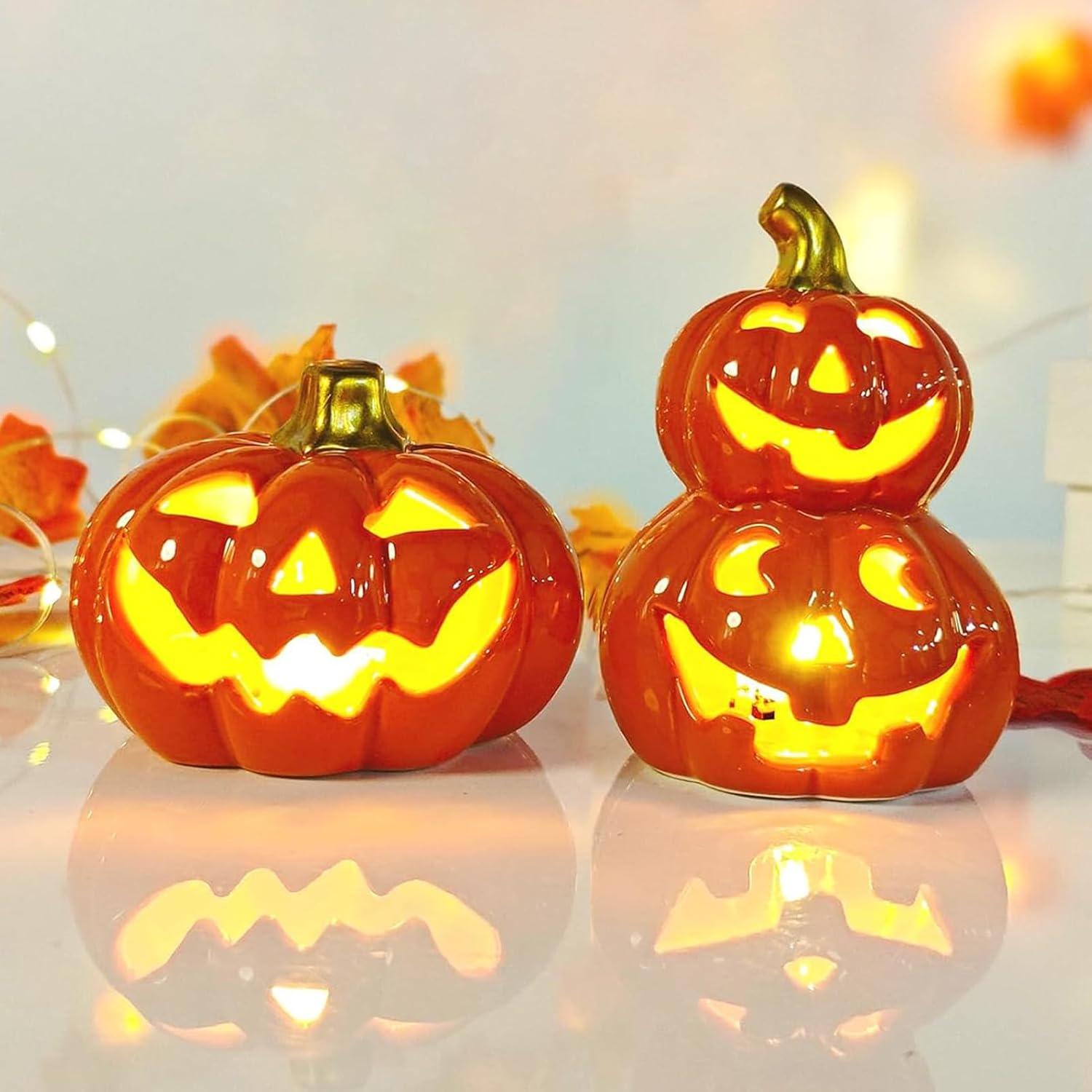 Herbstdeko Kürbis Laterne mit LED Lichter 2er Set Halloween Deko