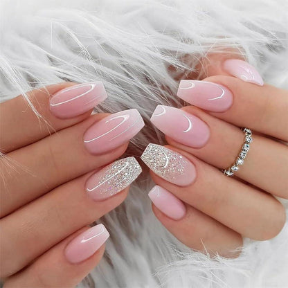 Rosa Glitzer Eckige Press On Nails – 24 Stück Künstliche Nägel