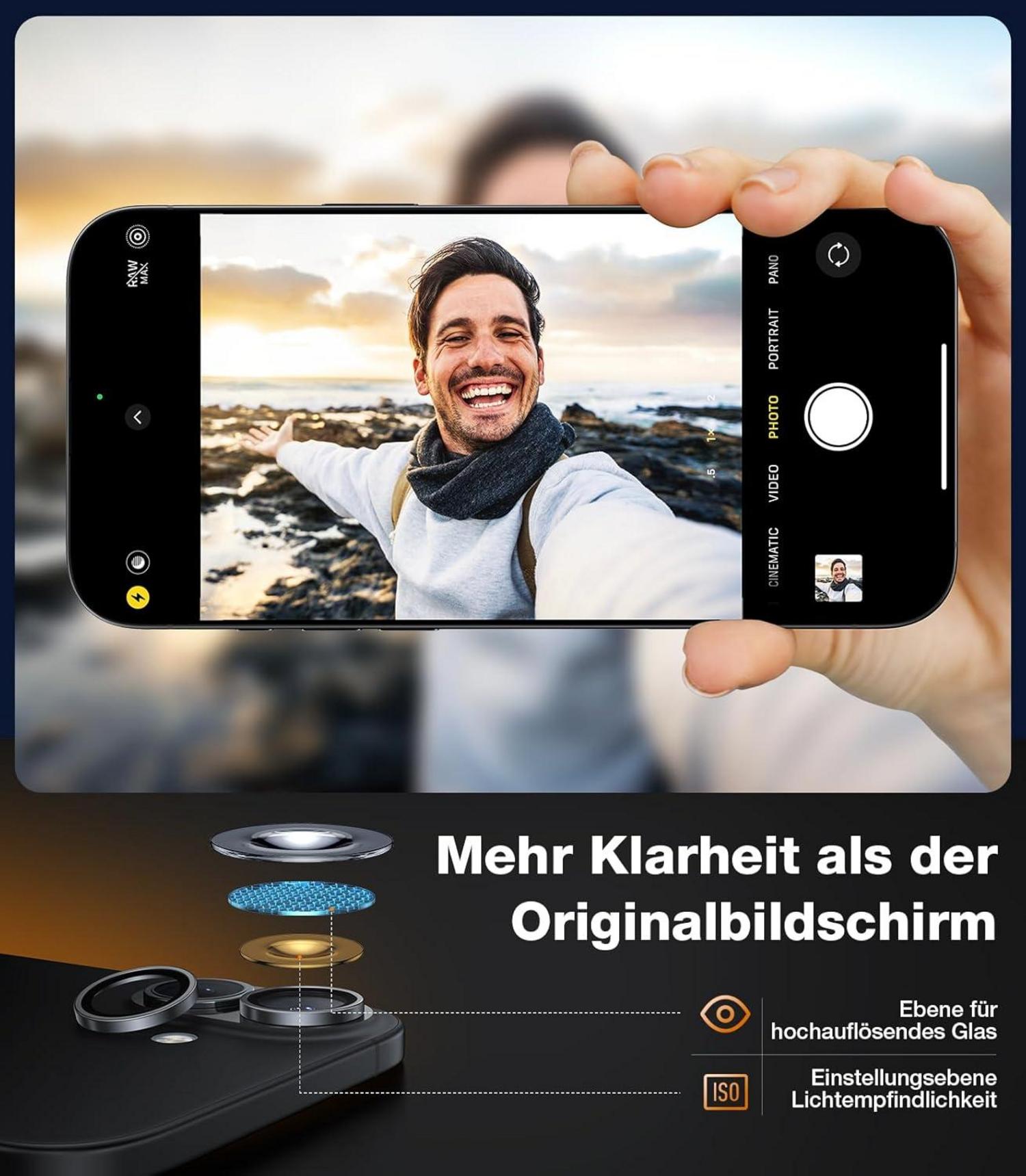 TORRAS Panzerglas Kameraschutz für iPhone 16/16 Plus Silber Schutz Military