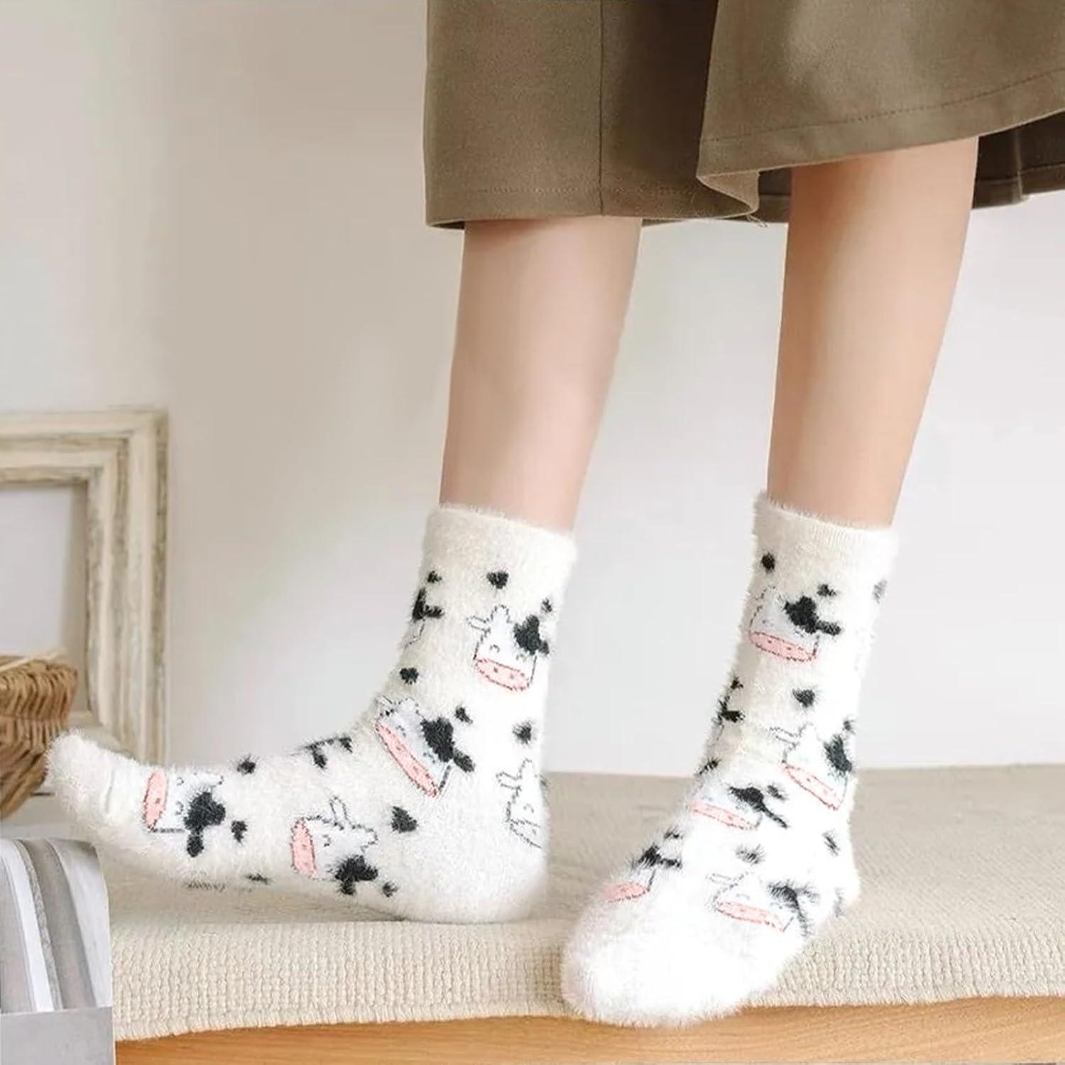 Kuschelsocken Damen 2 Paar Süße Kuh Stoppersocken Warme Flauschige Socken