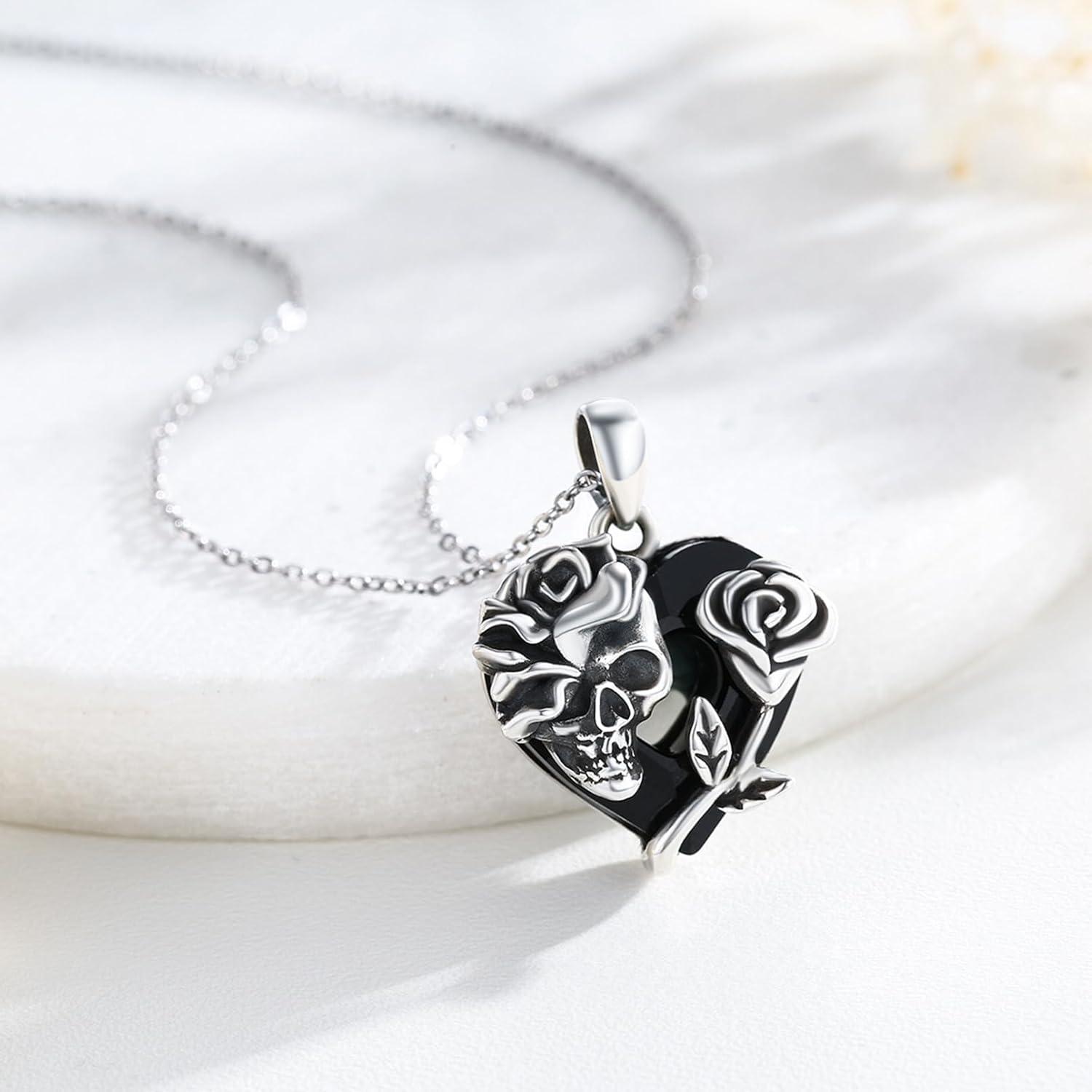 Gothic Totenkopf Halskette 925 Sterling Silber Rose Herz