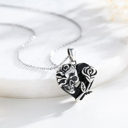 Gothic Totenkopf Halskette 925 Sterling Silber Rose Herz