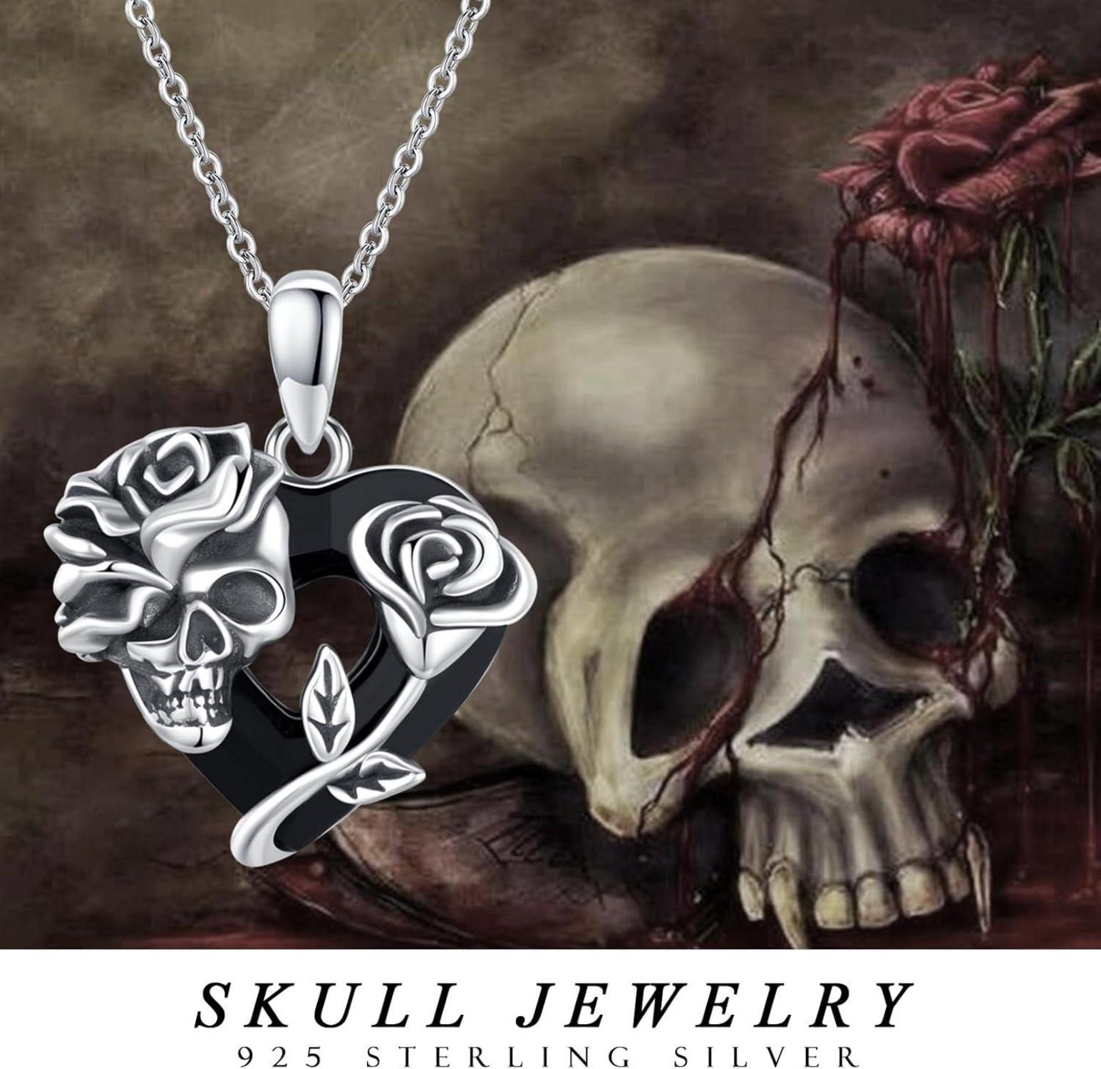 Totenkopf Halskette 925 Sterling Silber Gothic Schädel Rose Herz
