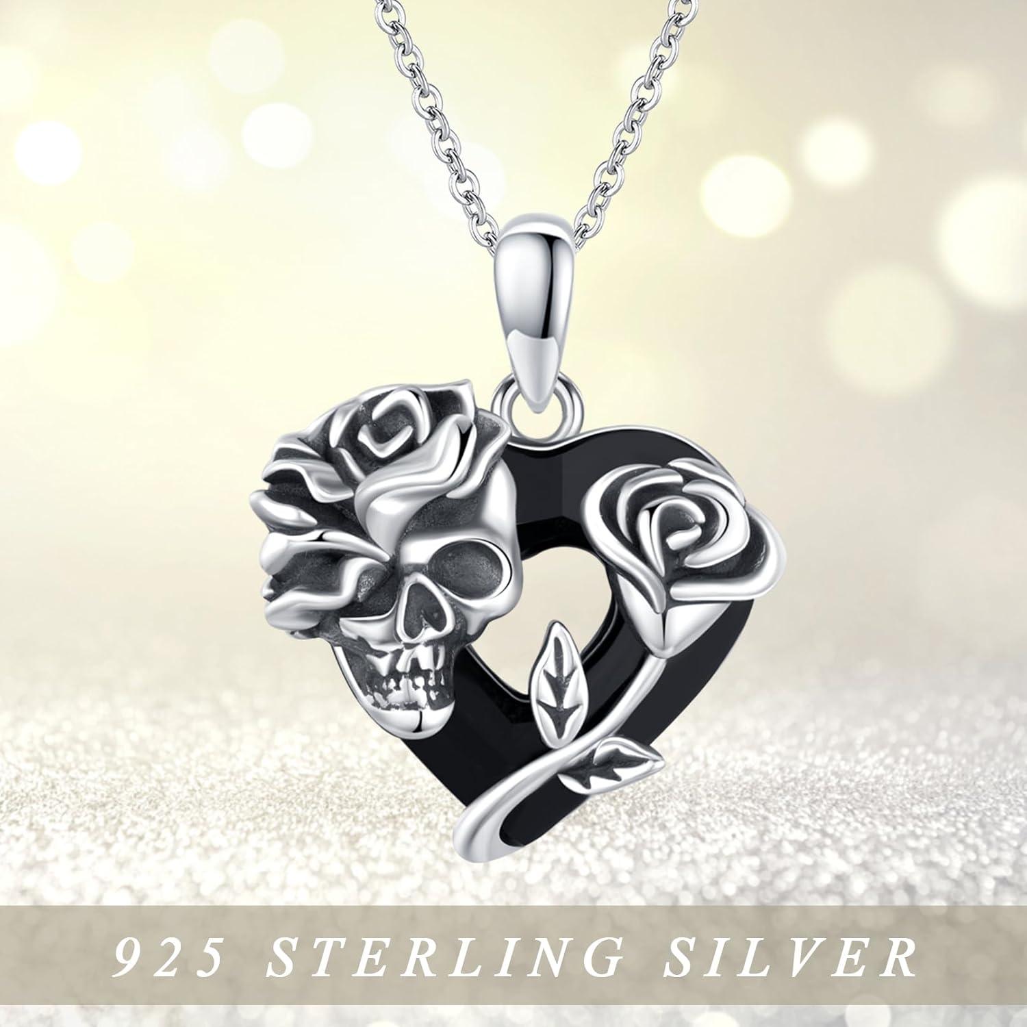 Totenkopf Halskette 925 Sterling Silber Rose Herz Kristall Gothic Schädel