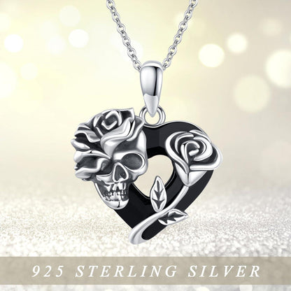 Totenkopf Halskette 925 Sterling Silber Rose Herz Kristall Gothic Schädel
