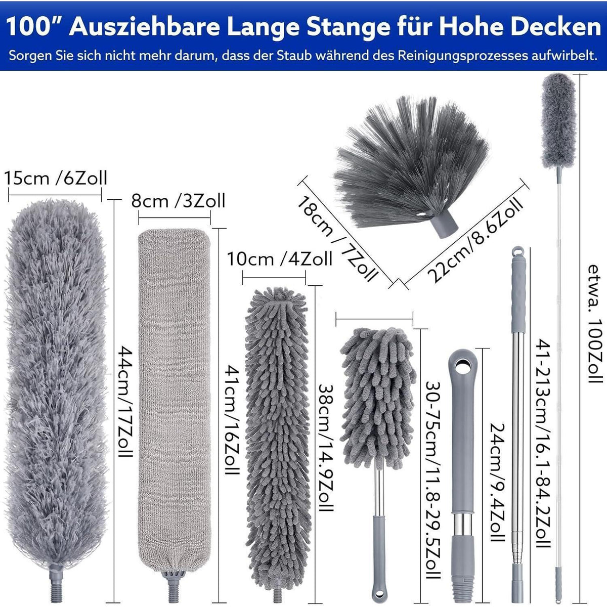Teleskop Staubwedel Set 250cm, Mikrofaser & Chenille, Waschbar