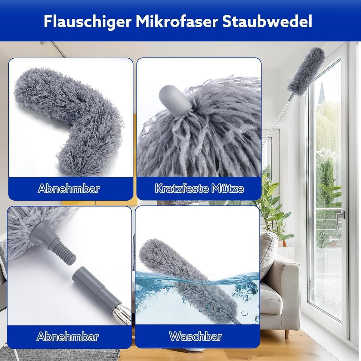 Teleskop Staubwedel Set 250cm, Mikrofaser & Chenille, Waschbar