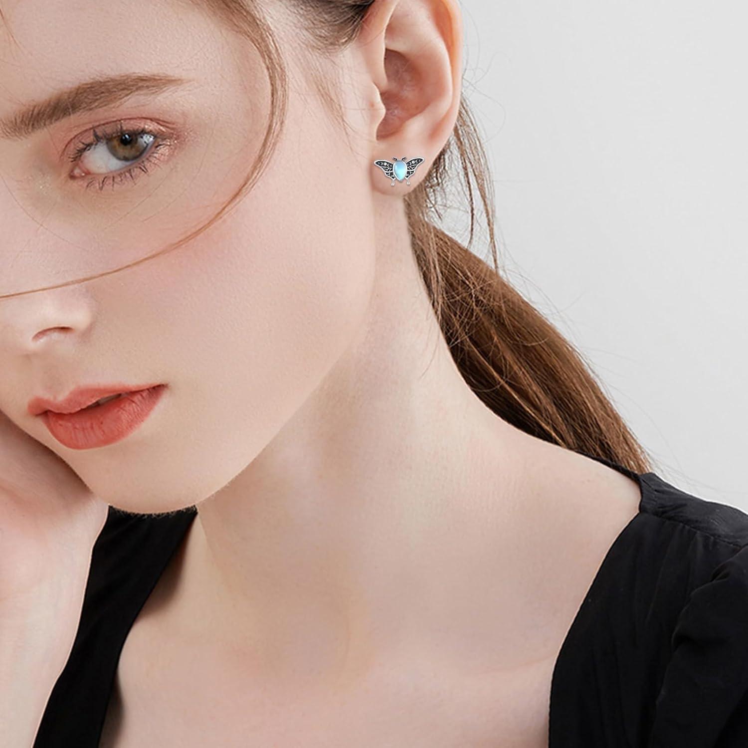 925 Sterling Silber Luna Motte Ohrringe mit Mondstein - Tier Ohrstecker für Damen