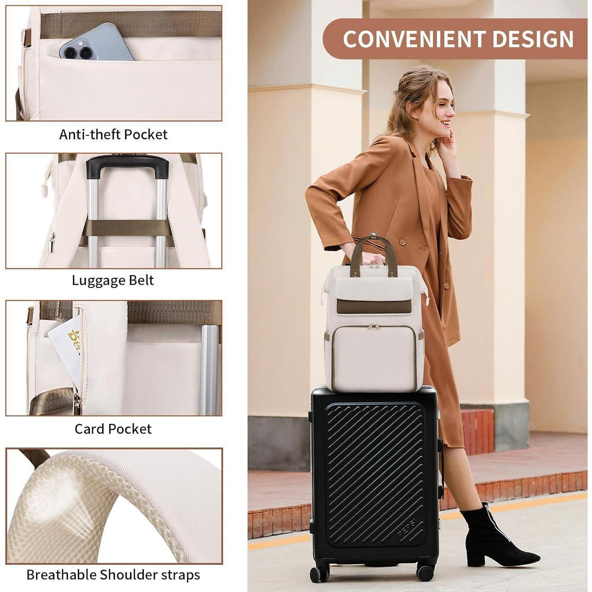 Lunch-Rucksack für Damen Beige 15.6" – Multifunktionaler Laptop-Rucksack