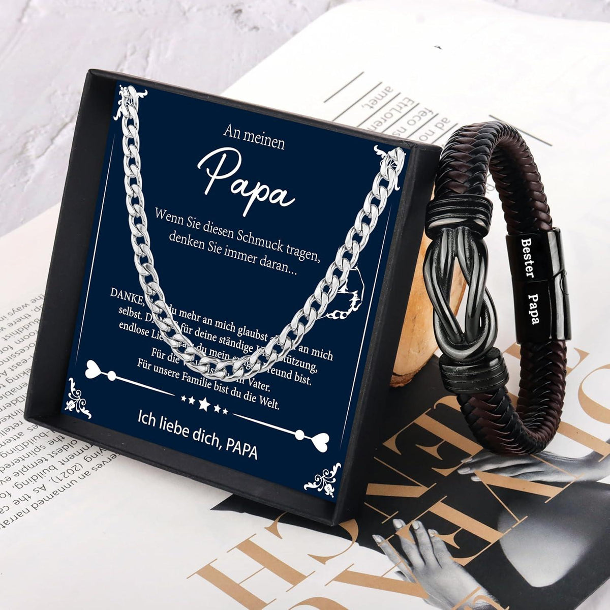 Armband und Halskette Set für Männer/Papa - Schwarz/Braun - Geschenk zum Valentinstag/Vatertag - Trendiges Leder & Edelstahl