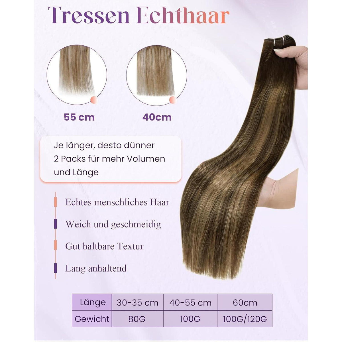 Braun Ombre Echthaar Tressen – Haarverlängerung 100g