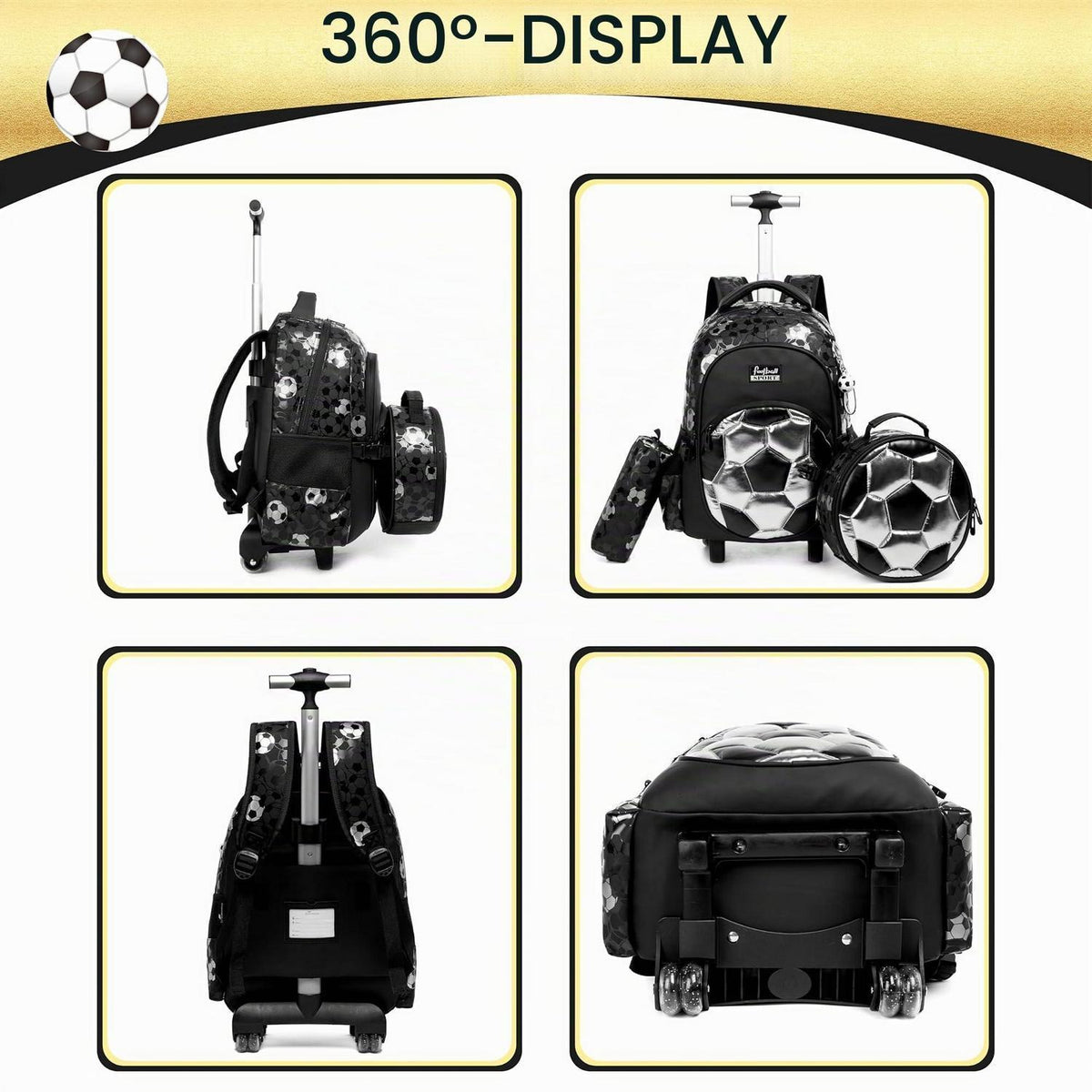 Schultrolley Rucksack mit Rollen – Kinder Fußball Trolley Schwarz