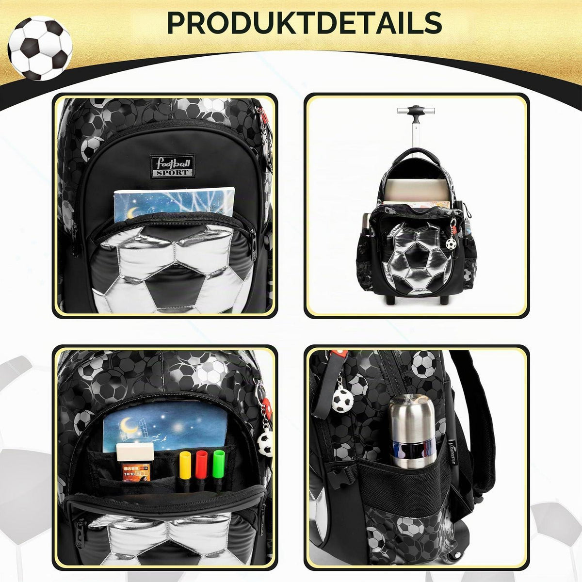 Schultrolley Rucksack mit Rollen – Kinder Fußball Trolley Schwarz