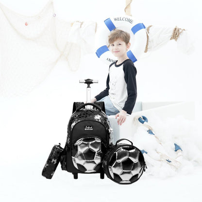 Schultrolley Rucksack mit Rollen – Kinder Fußball Trolley Schwarz