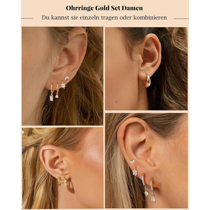 FUNEIA Ohrringe Set 925 Silber 14K Vergoldet Zirkonia Damen