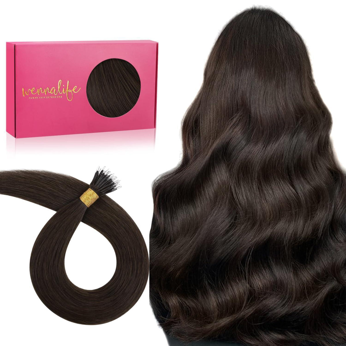 Echthaar Nano Ring Extensions – Hellbraun/Dunkelbraun 55cm