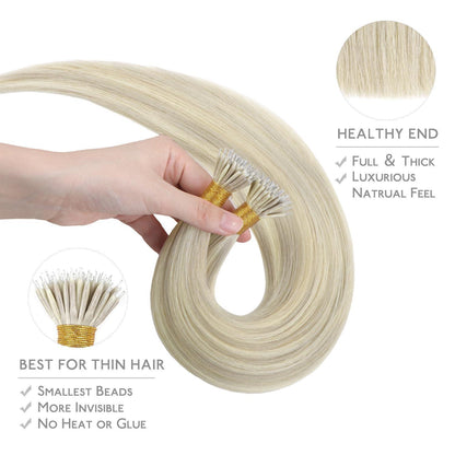 Echthaar Nano Ring Extensions Aschblond Highlights 35cm